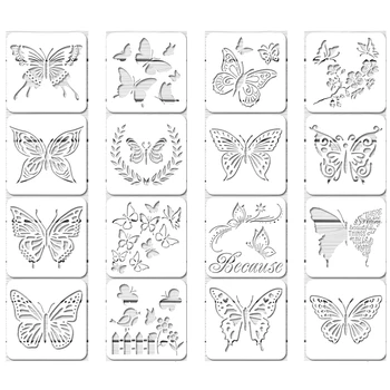 16шт Многоразовых трафаретов с бабочками, трафареты для художественной росписи бабочек для декора стен своими руками (6 x 6 дюймов)