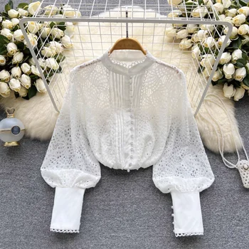 Блузки для женщин, мода 2023, Шифоновые кружевные женские блузки в стиле пэчворк с рукавом-фонариком, винтажная блузка, корейская мода, прямая поставка