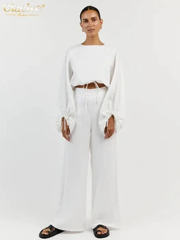 Clacive Повседневные Белые Хлопковые комплекты из 2 предметов, женская одежда 2023, Модный укороченный топ с пышными рукавами и широкими брюками с завышенной талией, Женский комплект