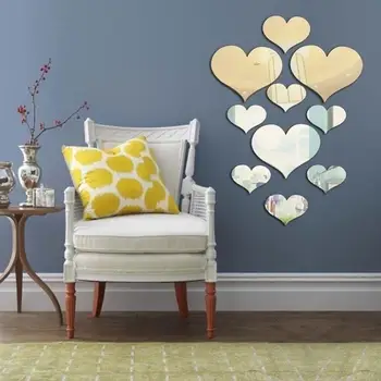 10шт Романтическое Сердце Любви 3D Зеркальный эффект Настенная Художественная наклейка Наклейки на стены домашнего декора