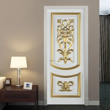 ПВХ Самоклеящаяся водонепроницаемая наклейка на дверь 3D Стерео Белые обои с золотой резьбой в европейском стиле, наклейка на дверь гостиной спальни