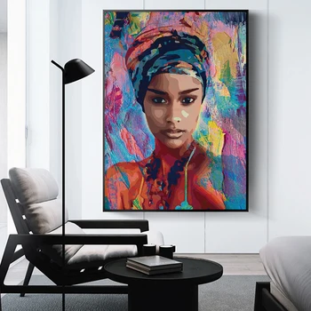 Абстрактный красочный женский портрет на холсте, плакаты и принты с изображением африканской девушки, настенная картина Куадроса для декора гостиной