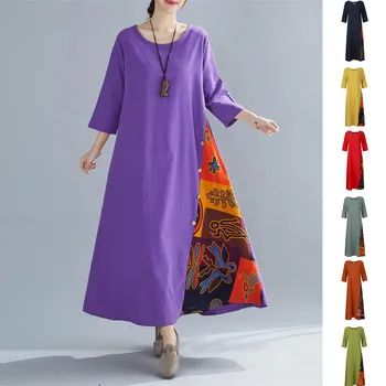 Женское платье в стиле пэчворк Plus с рукавами 3/4 и круглым вырезом на пуговицах с высоким низким подолом, винтажный халат, сарафан, Элегантные платья для женщин 2023 года