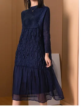 Женское плиссированное платье из тюля в стиле пэчворк Miyake, контрастное модное платье свободного кроя с круглым вырезом и длинными рукавами