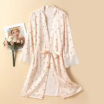 Летнее шелковистое атласное кимоно, халат, кружевная пижама с V-образным вырезом, женский халат с принтом, ночная рубашка, домашний халат, одежда для отдыха