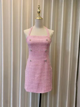 Новое летнее мини-платье из розового твида со стразами и открытой спиной 2023 года Для женщин, женские облегающие вечерние платья с бриллиантами и пуговицами