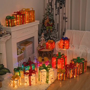 Рождественское Светящееся Украшение, Подарочная коробка, Орнамент С бантом, Рождественская Осветительная коробка, Наружное Освещение, Рождественская вечеринка, Настольное Украшение.