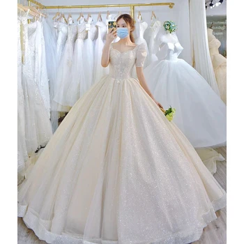 Сияющие Роскошные Простые свадебные платья, винтажное женское свадебное платье принцессы с пышными рукавами, элегантное длинное платье большого размера