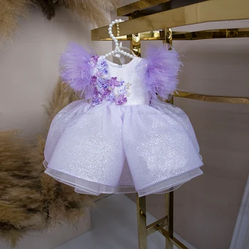 Фиолетовое платье ручной работы принцессы с коротким рукавом и меховой аппликацией, Элегантное Милое платье для Первого причастия для девочек, Милое детское платье в цветочек