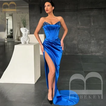 Королевское синее атласное платье для выпускного вечера 2024 Sweethear Элегантные вечерние платья для женщин с разрезом по бокам Женские платья для особых случаев халат
