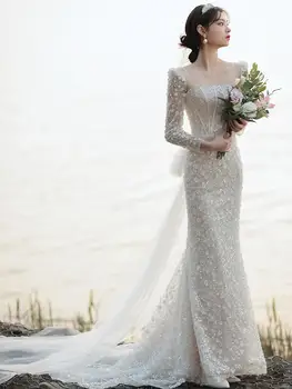 Блестящее свадебное платье Русалки С квадратным воротником, аппликацией из бисера, платья с длинными рукавами и блестками, Элегантные платья невесты на шнуровке