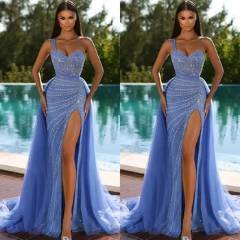 Синие платья для выпускного вечера в стиле русалки, расшитые бисером и пайетками вечерние платья Саудовская Аравия, вечернее платье с высоким разрезом, сшитое на заказ