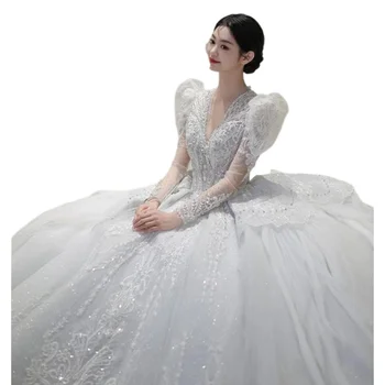 Свадебное платье С длинным рукавом 2023 Элегантное И Роскошное Кружевное Платье С V-образным вырезом И Аппликациями Для Свадебного Платья Vestido De Novia Plus Size, Изготовленное На заказ