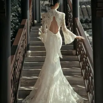 Простые свадебные платья Русалки 2023, винтажные свадебные платья с кружевной вышивкой и длинным рукавом, Vestido De Novia, большие размеры, сшитые на заказ