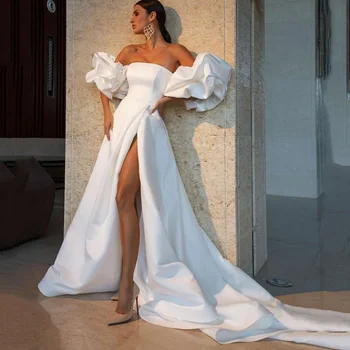 2023 Белые атласные Сексуальные свадебные платья с пышными рукавами, платье невесты с разрезом сбоку, vestidos de novia, платье без бретелек трапециевидной формы robe de mariée