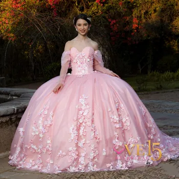 Розовые пышные платья в виде сердца для 15 вечеринок С аппликацией принцессы из тюля 3DFlower, кружевное платье для дня рождения, градиентное бальное платье