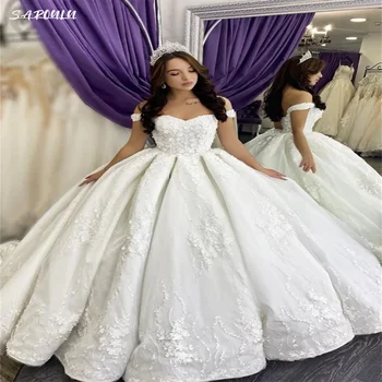 Роскошное свадебное платье с вырезом сердечком и открытыми плечами, Романтическое кружевное свадебное платье в пол, Элегантное Vestidos De Novia