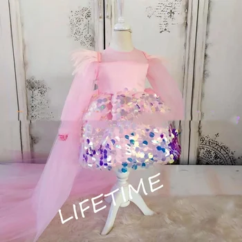 Розовые платья принцессы с цветочным узором для девочек 2023, Детское свадебное платье с длинными рукавами и перьями, Блестящие Пышные детские платья для невесты