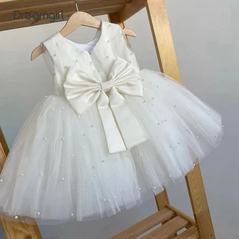 Dreamgirl/ белые тюлевые пышные платья с цветочным узором для девочек на свадьбу, платье принцессы с жемчугом, платье без рукавов для дня рождения, платье для первого причастия