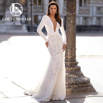 Кружевное свадебное платье Русалки LOUIS NOVIAS 2023, Атласное платье невесты с длинным рукавом и вышивкой с V-образным вырезом, Vestidos De Novia