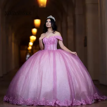 Элегантное Розовое Пышное Платье 2024 Vestidos De 15 С Милыми Косточками Для Тела Princess Sweet 16 XV На День Рождения, Бальное Платье С Кружевными Аппликациями