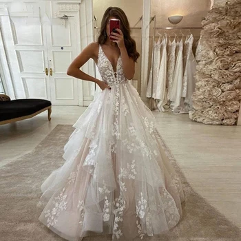 Свадебное платье для женщин Элегантные аппликации, V-образный вырез, спинка, длина до пола, вечернее платье, Модное роскошное платье принцессы трапециевидной формы