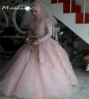 Красивое исламское Розовое мусульманское свадебное платье 2023 с высоким воротом и длинным рукавом, кружевное Платье Трапециевидной формы, Турецкое Арабское платье невесты, Винтажное готическое платье