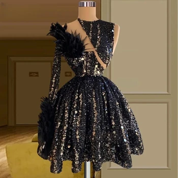 Черные коктейльные платья трапециевидной формы, прозрачные, длиной до колена, с блестками и перьями, платья для бала выпускников от кутюр