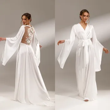Шелковый атласный свадебный халат для фотосессии с кружевными аппликациями на спине, свадебное платье с поясом, свадебная накидка vestido de novia