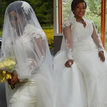 Африканские свадебные платья Русалки с длинным рукавом и съемным шлейфом, кружевные платья с бисером больших размеров, верхняя юбка из тюля, Vestido De Novia