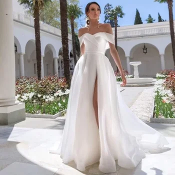 Простое белое свадебное платье трапециевидной формы с открытыми плечами и высоким разрезом 2023, простое свадебное платье из тюля на шнуровке для женщин, изготовленное по индивидуальному заказу