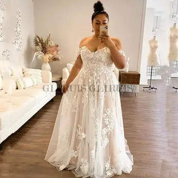 Свадебное платье большого размера с открытой спиной и открытыми плечами, свадебное платье со шнуровкой сзади, тюлевая кружевная аппликация, Vestidos De Noiva