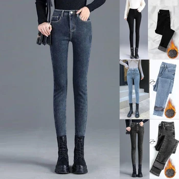 Утепленные эластичные обтягивающие флисовые джинсы Зимние женские Черные теплые джинсы на пуговицах с высокой талией, женские Винтажные джинсовые брюки-карандаш в корейском стиле