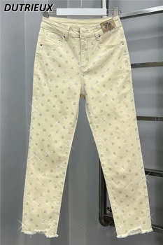 Модные Простые джинсы Со Стразами и буквами, женские осенние хлопковые эластичные джинсы с высокой талией для похудения, Прямые джинсовые брюки Pantalones Mujer