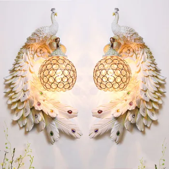 Настенные светильники Nordic Creative Twins Peacock, красочные золотисто-белые настенные светильники, светодиодные хрустальные металлические настенные светильники для оформления стен коридора