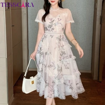 Женское летнее Сетчатое платье с вышивкой TESSCARA, высококачественный длинный свадебный халат для коктейлей, Винтажные Дизайнерские вечерние платья