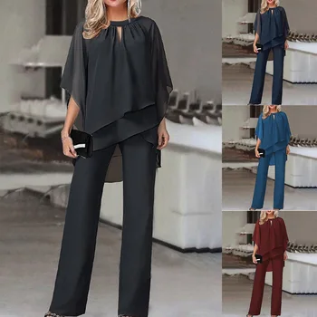 Модный однотонный женский комплект, Элегантный комплект из двух предметов, повседневный нерегулярный костюм, Свободные топы с коротким рукавом + Широкие брюки с высокой талией, комплект одежды