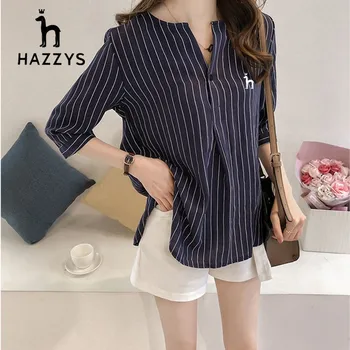 Летняя новинка 2023 года от Hazzys, Корейская модная рубашка в полоску с большим круглым вырезом, женский топ, Свободная повседневная рубашка для женщин