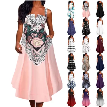 Сексуальный женский модный размер S-XL, Летнее повседневное открытое мини-платье без рукавов с V-образным вырезом и высокой талией, розовое однотонное платье-юбка 2023