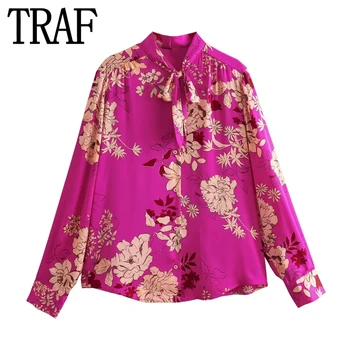 TRAF 2023 Цветочные атласные рубашки Для женщин Винтажные рубашки с принтом на пуговицах Женские Осенние Элегантные И молодежные женские блузки с длинным рукавом