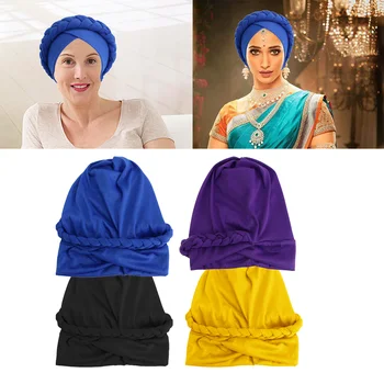 Новая популярная женская шляпа-тюрбан в этническом стиле, Индийская женская шляпа, Синяя, Желтая, Фиолетовая, для черных волос, Мусульманская шляпа для сна с эластичностью