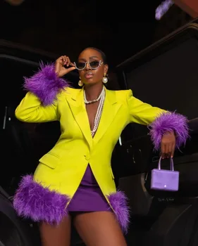 Желтое платье, блейзер, костюмы, фиолетовый искусственный мех, модная роскошная куртка, пух, съемное офисное пальто для деловых леди