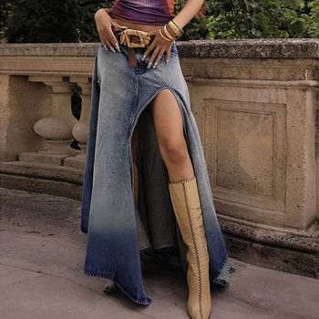Женская сексуальная длинная юбка из денима, длинные джинсовые юбки с разрезом на бедрах градиентного цвета, высокая талия, асимметричный подол с карманами, летние наряды