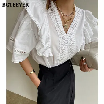 BGTEEVER, винтажная женская блузка с вырезами, Белые рубашки с расклешенными рукавами, Летние женские блузки с V-образным вырезом и оборками, хлопковые