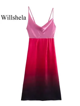 Willshela Женское платье Миди с модным принтом на молнии и без спинки, Винтажные тонкие бретельки, распашной воротник, женские шикарные платья для леди