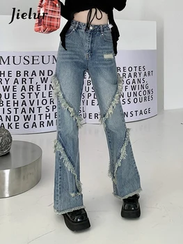 Jielur, женские джинсы с высокой талией и кисточками, Летние Новые Прямые женские Широкие брюки, Модная Уличная одежда, Повседневные Шикарные джинсы