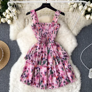 Винтажное плиссированное платье-комбинация с цветочным принтом, платье трапециевидной формы, шикарное летнее пляжное платье, женский сарафан для отпуска