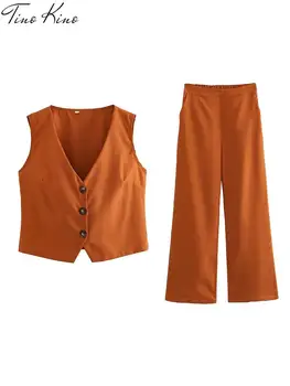 Женский однобортный жилет без рукавов с V-образным вырезом, элегантный однотонный женский комплект брюк 2023, Летний женский брючный костюм с эластичной талией.