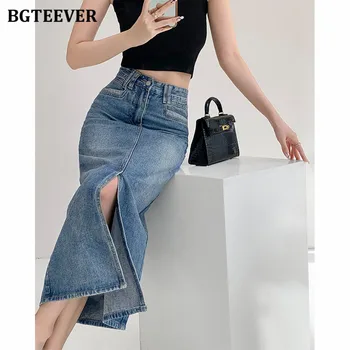 BGTEEVER Винтажная упаковка с прямыми карманами Модные джинсовые юбки Женские Элегантные женские джинсовые юбки с разрезом и высокой талией