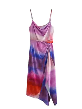 TRAF 2023 Летнее новое женское платье-камзол, Пляжный ветер, квадратный вырез, плиссированное украшение, Элегантное платье до щиколотки с принтом